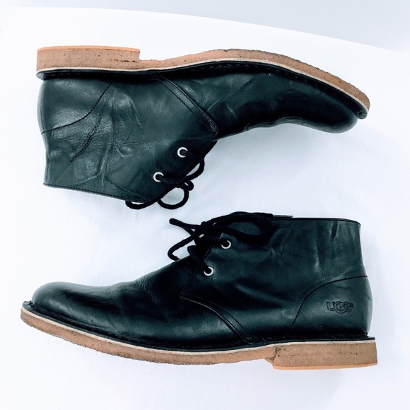 UGG Mens Chukka Boot Black Crinkled Leather Leighton Desert Shoe Crepe Sole 10.5 - Picture 5 of 13